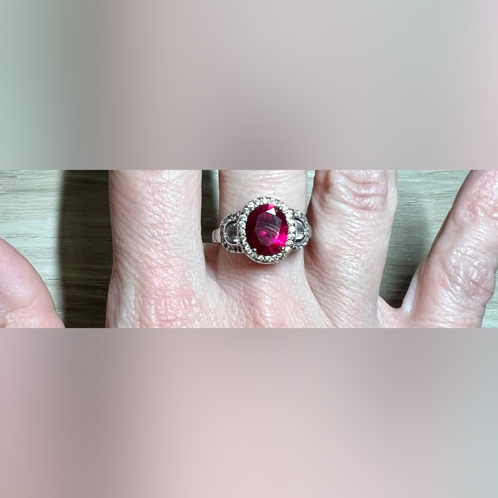 Designer Signed FE Sterling Silver Red & Clear Cubic Zirconia Halo Ring, Size 7 - Picture 9 of 11